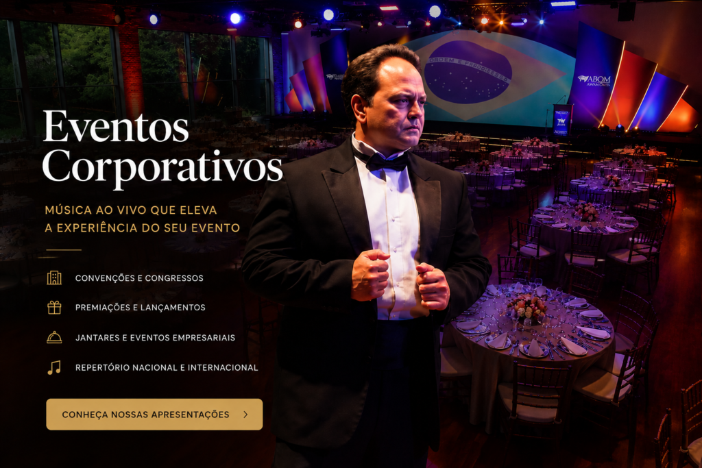 Tenor Leone cantando ao vivo em evento corporativo em São Paulo durante convenção empresarial.