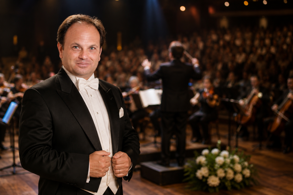 Tenor Leone em apresentação musical para evento corporativo com orquestra ao vivo e plateia ao fundo.