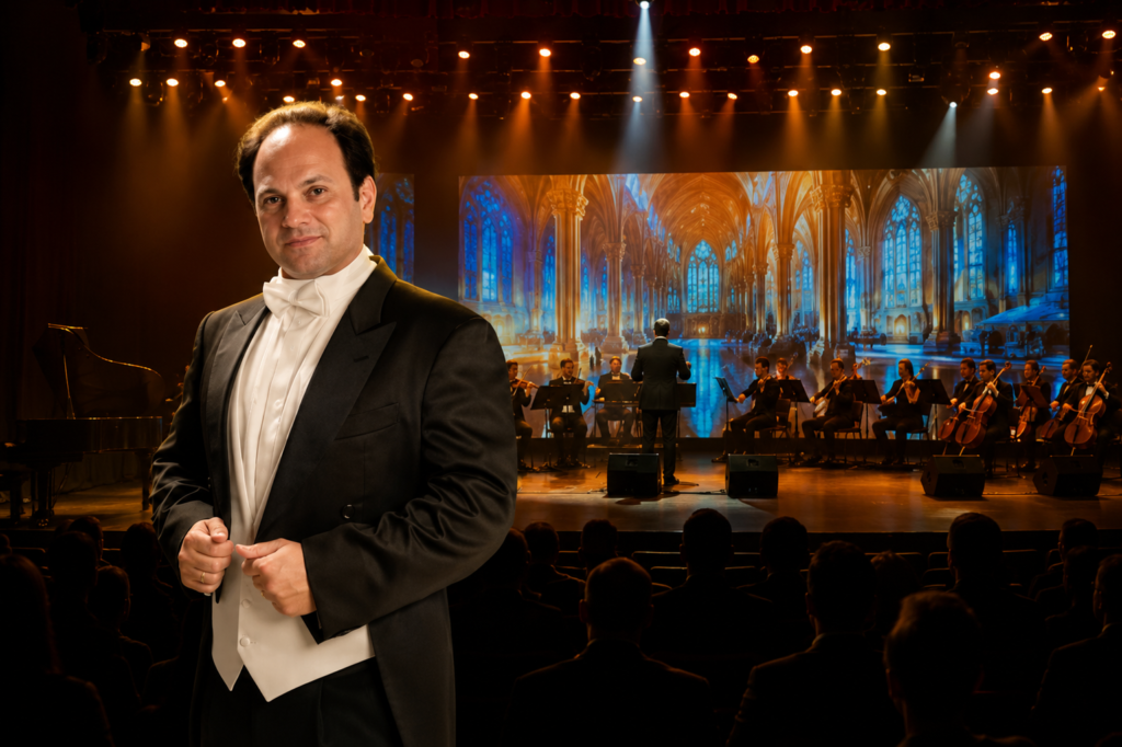 enor Leone durante apresentação musical para eventos corporativos, convenções, congressos e eventos institucionais com orquestra ao vivo.